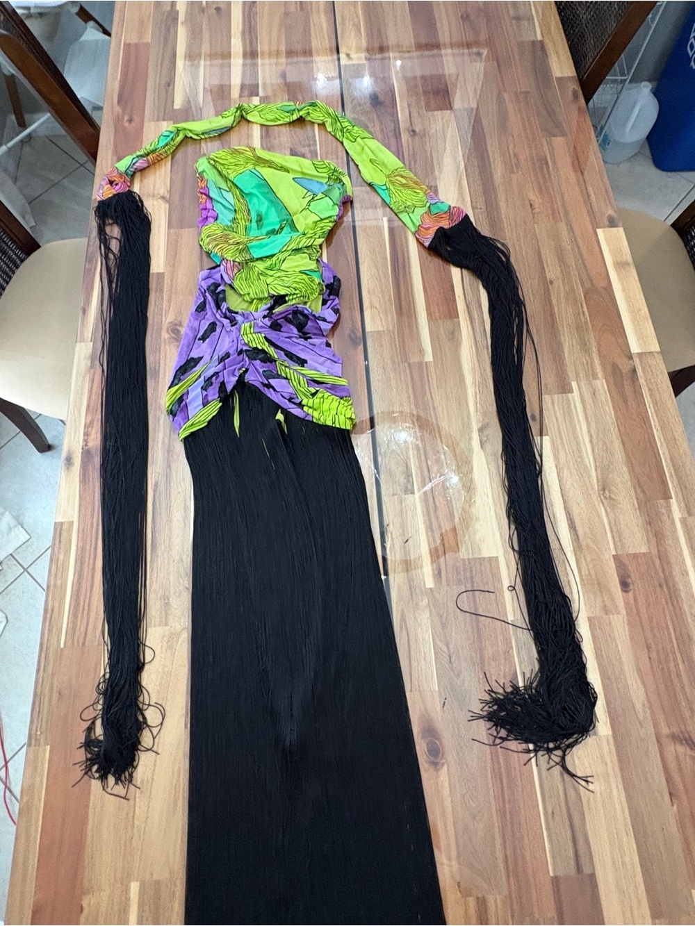 NWOT Naked Wardrobe Sz M Print Fringe Tube Dress Asym Bodycon Sash Green Purple - Picture 4 of 8